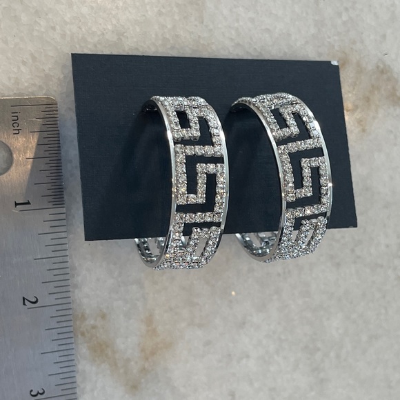 🆕 Silver Rhinestone Greek Key Large Med Hoop Earrings 1.5” with Box womens - Picture 4 of 8